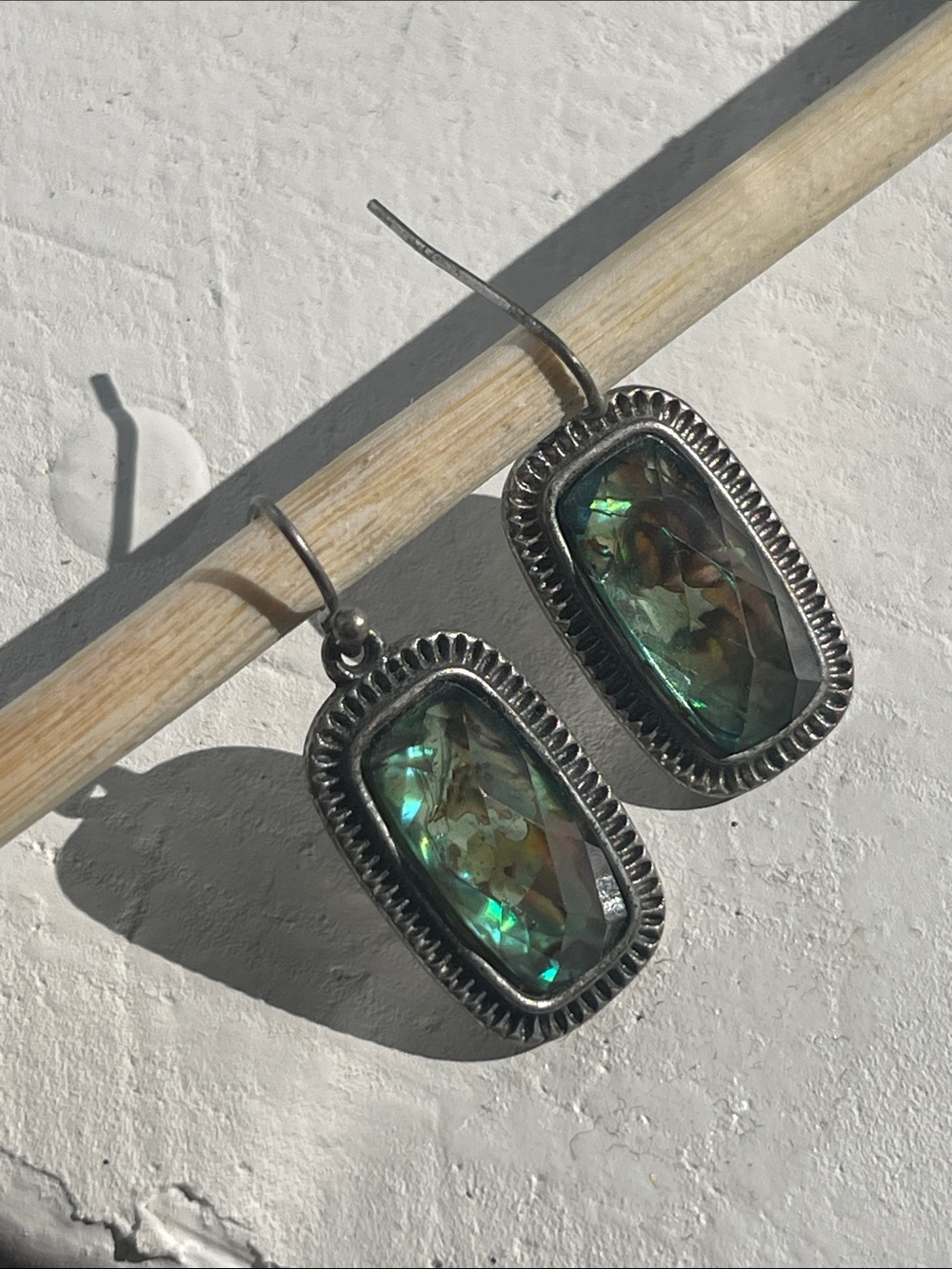 Abalone shell Silver-Tone Green Faceted Glass Drop Earrings